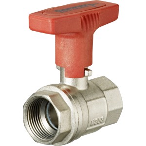 ISO Kugelhahn 24,1 mm (Rp 3/4) aus Messing mit rotem Griff für Heizungs-Installation.