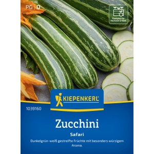 Kiepenkerl Zucchini Safari F1-Hybride Samenpackung mit Zucchinis und Zucchinischeiben.