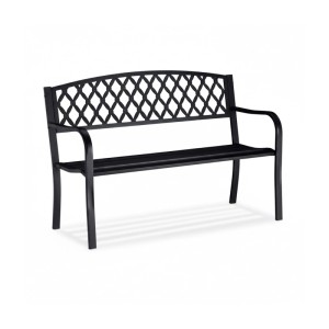 Schwarze Gartenbank aus Gusseisen und Stahl für 2 Personen. Rückenlehne mit elegantem Flechtmuster. Ideal für Balkon & Terrasse.