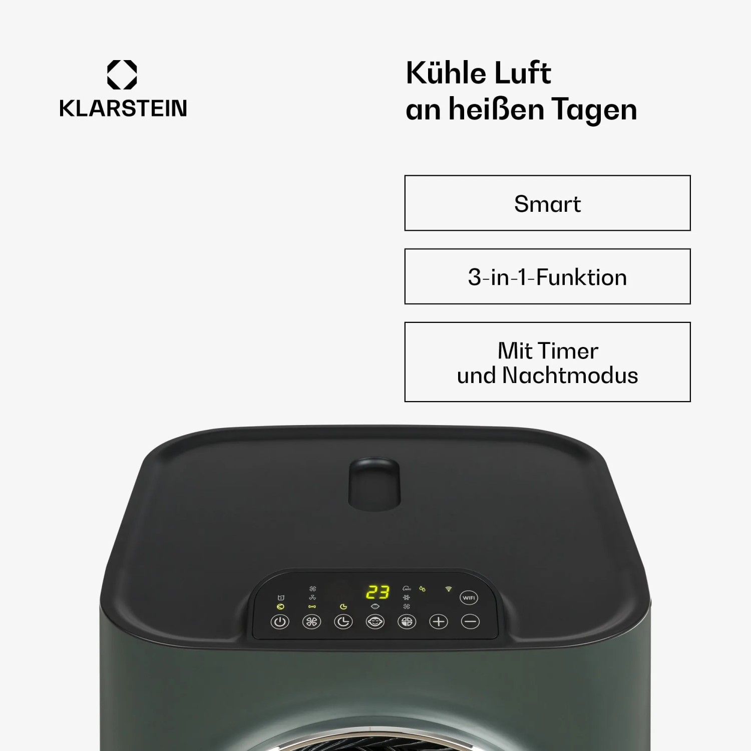 Klarstein Kraftwerk Smart 10K Klimaanlage in Anthrazit mit Bedienfeld und Display.