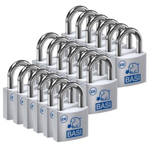 18er Set Basi Vorhangschlösser, 40mm, gleichschließend mit je 2 Schlüsseln, Aluminiumgehäuse.