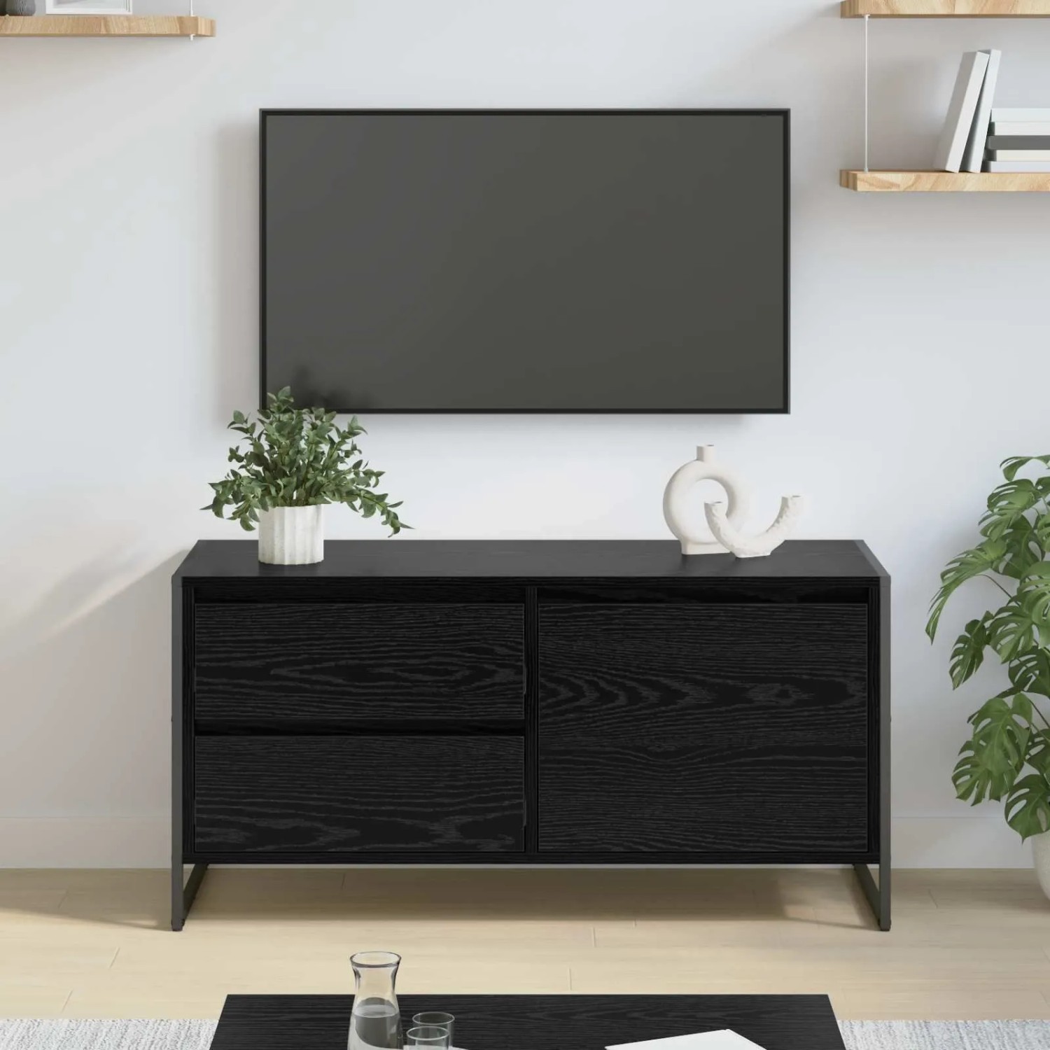 Schwarzer TV-Schrank in Eichen-Optik (100 cm) mit Schublade und Tür.
