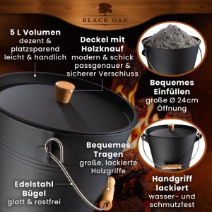 BLACK OAK Ascheeimer PAGO 5L mit Deckel und Holzknopf für Kamin und Grill.