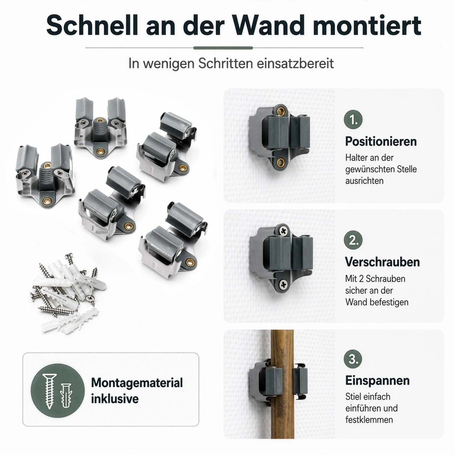 5 Wiltec Gerätehalter aus Stahl mit Montagematerial. Zeigt die einfache Wandmontage für Besen und Werkzeuge.