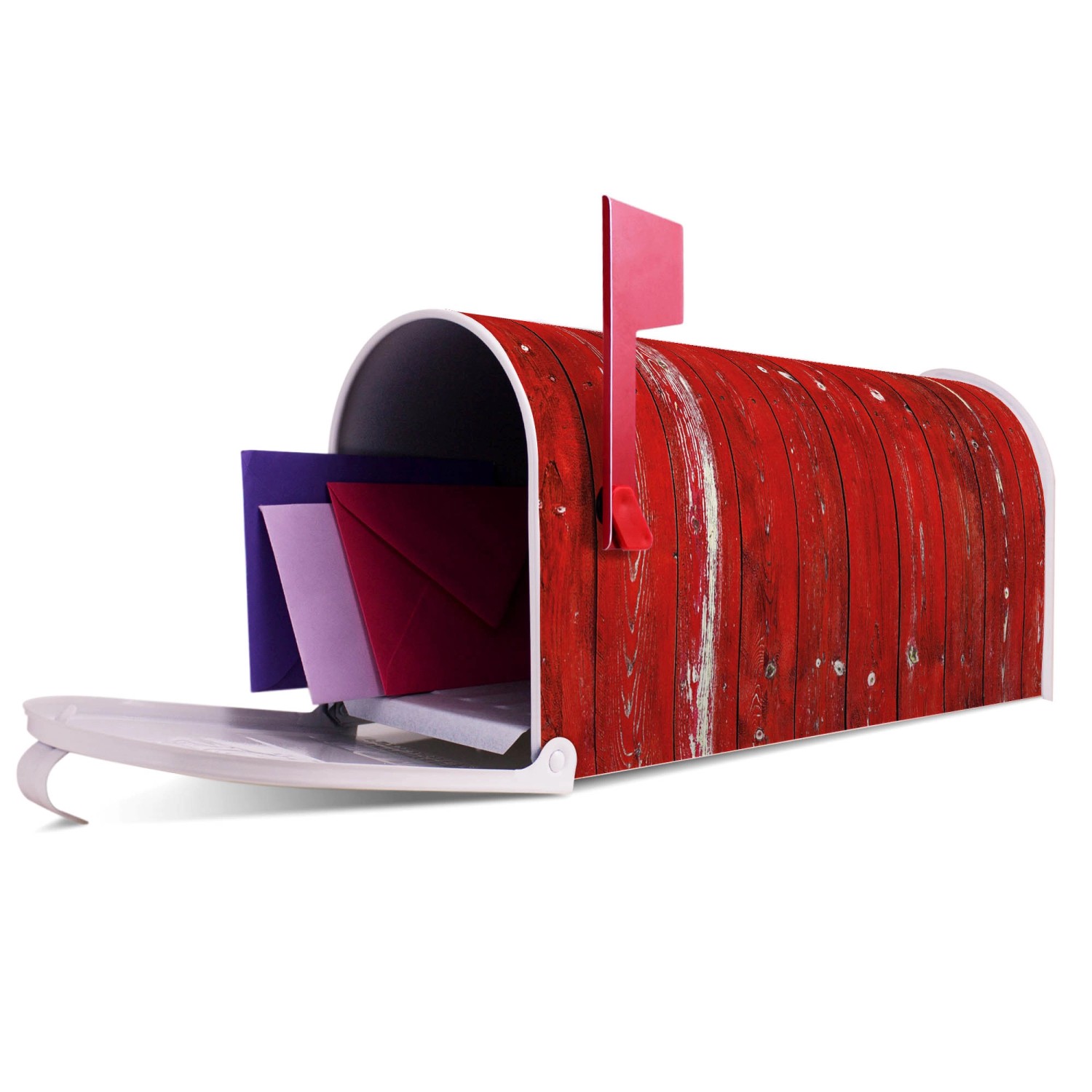Weißer US Briefkasten mit roter Holzlatten Optik und geöffneter Klappe, gefüllt mit Briefen.