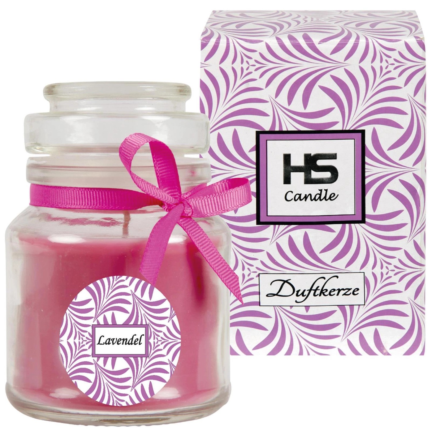 HS Candle Duftkerze Lavendel im Glas mit Schleife und Verpackung.