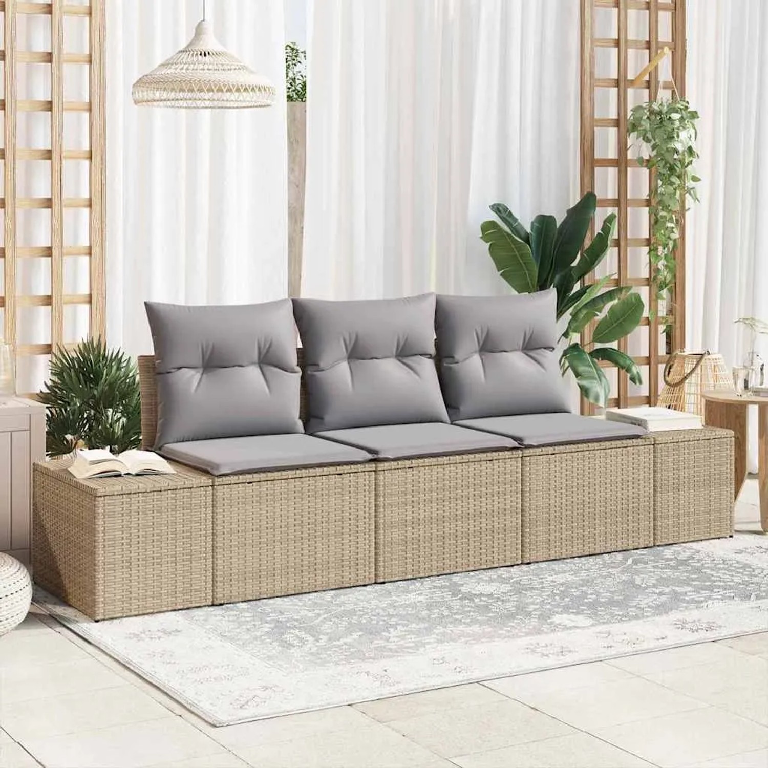 3-teiliges Gartenmöbel Set vidaXL mit beigen Poly Rattan Sofa und grauen Kissen.