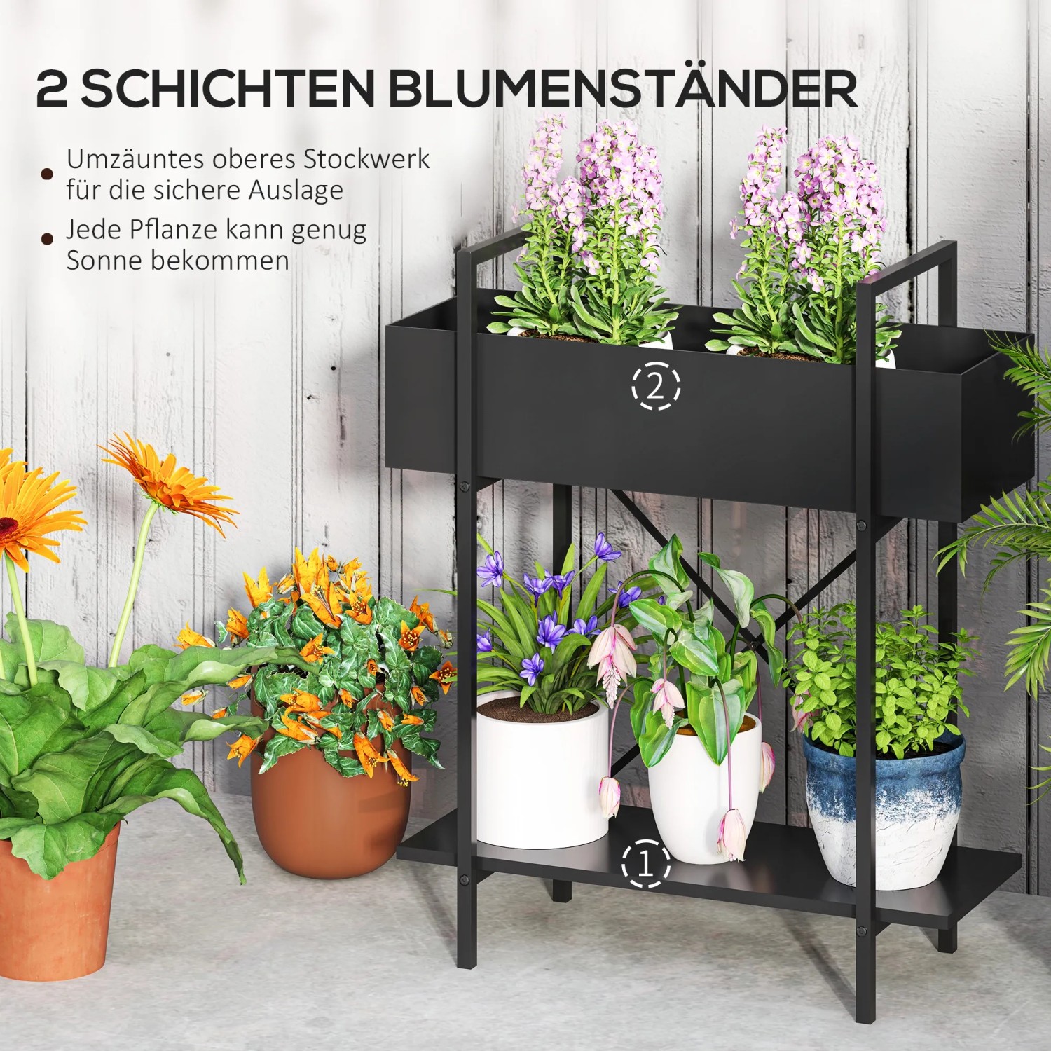 Outsunny Pflanzenständer aus Metall, schwarz, zweistufig für Blumen und Pflanzen.