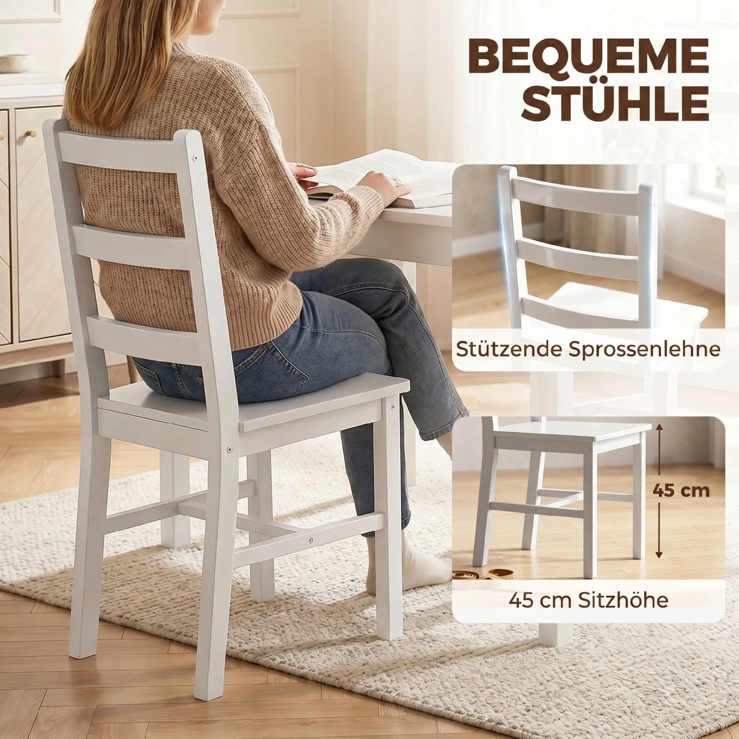 HOMCOM Essgruppe: Weißer Kiefernholzstuhl mit Sprossenlehne, 45 cm Sitzhöhe. Komfortabel für Esszimmer.