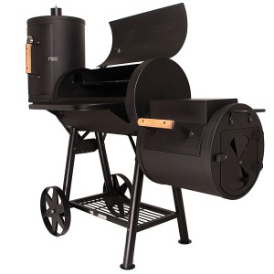 Schwarzer Taino Yuma Pro Smoker Grillwagen mit Räucherturm, Seitenkammer und Holzgriffen.