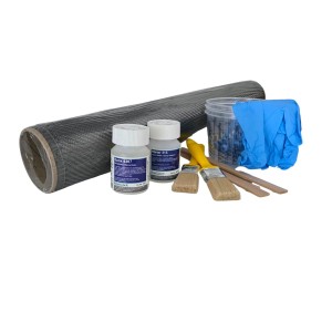 DD Composite Carbon Komplett-Set: Carbongewebe, Epoxidharz, Härter, Pinsel, Rührbecher, Rührstäbe, Handschuhe.