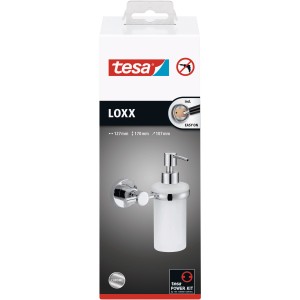 tesa® LOXX Seifenspender, verchromt mit satinierter Glasflasche, zur Wandmontage ohne Bohren.