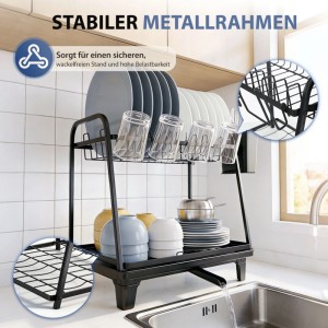Sekey 2-stufiges Abtropfgestell mit Geschirr, Gläsern und Besteck in schwarzer Metallausführung.