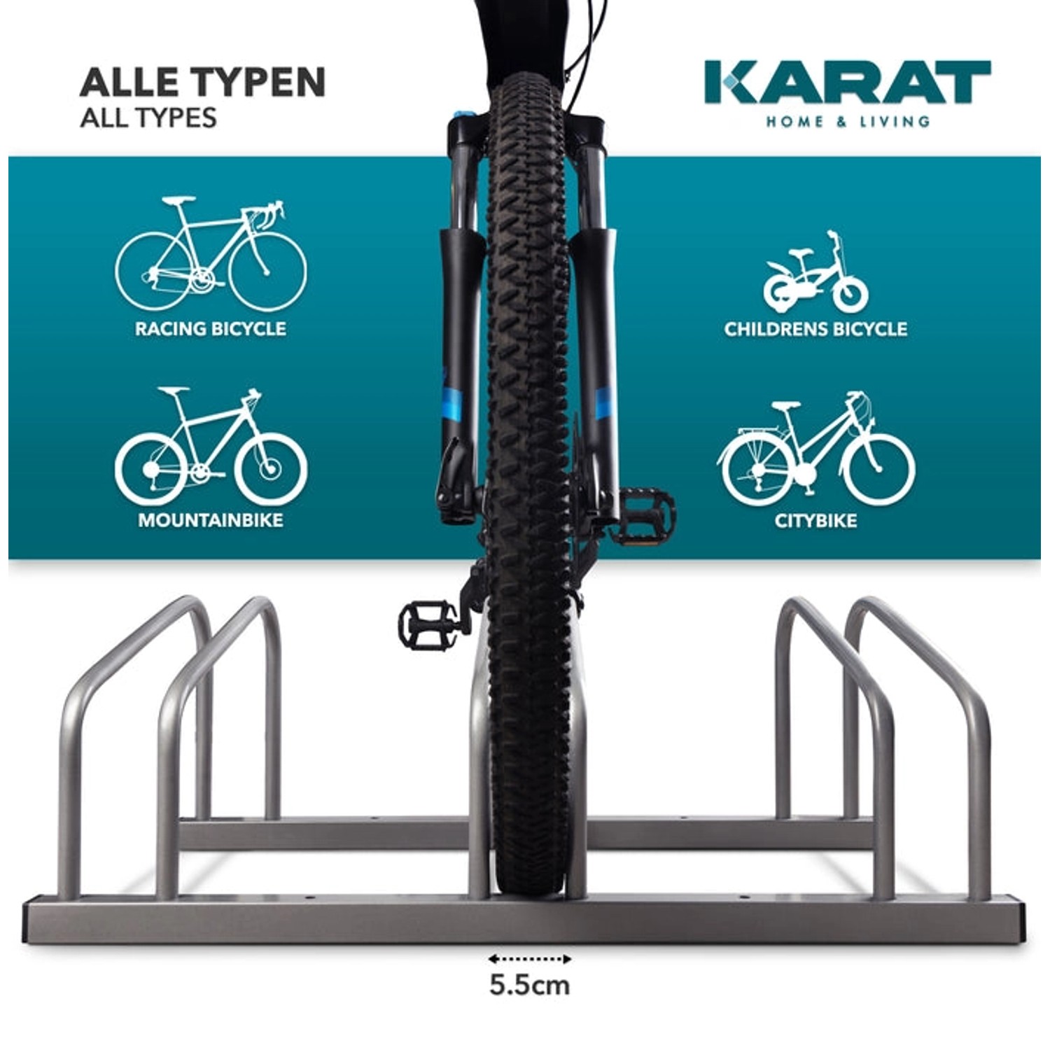 KARAT Fahrradständer Linus Silber für 5 Fahrräder, zur Boden- oder Wandmontage. Geeignet für alle Fahrradtypen.
