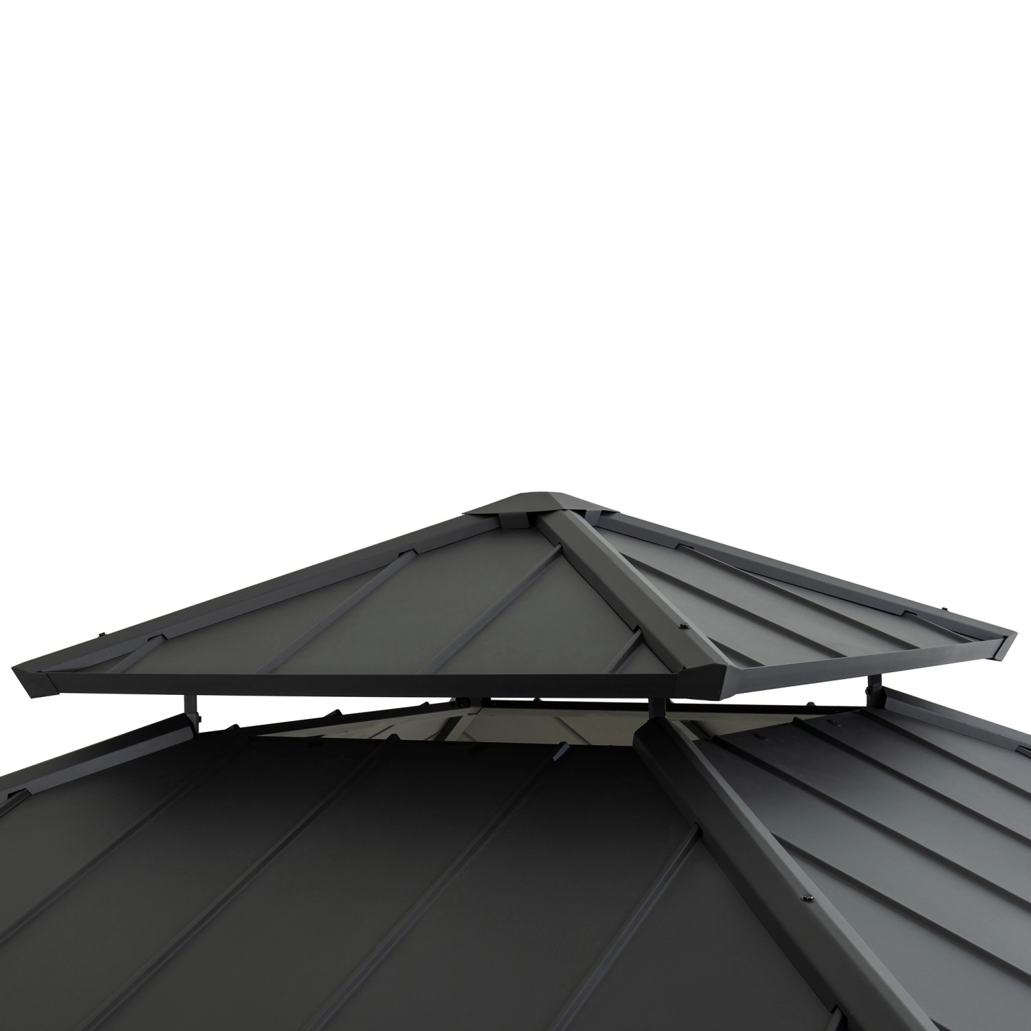 Detailaufnahme des anthrazitfarbenen Stahldachs vom Sunjoy Gazebo Pasu Pavillon.