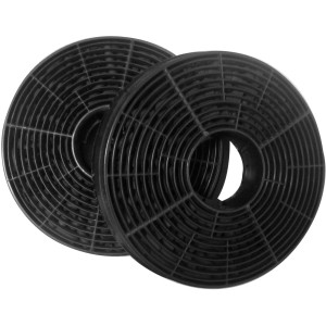 Zwei runde, schwarze Aktivkohlefilter CF130 für Dunstabzugshauben.