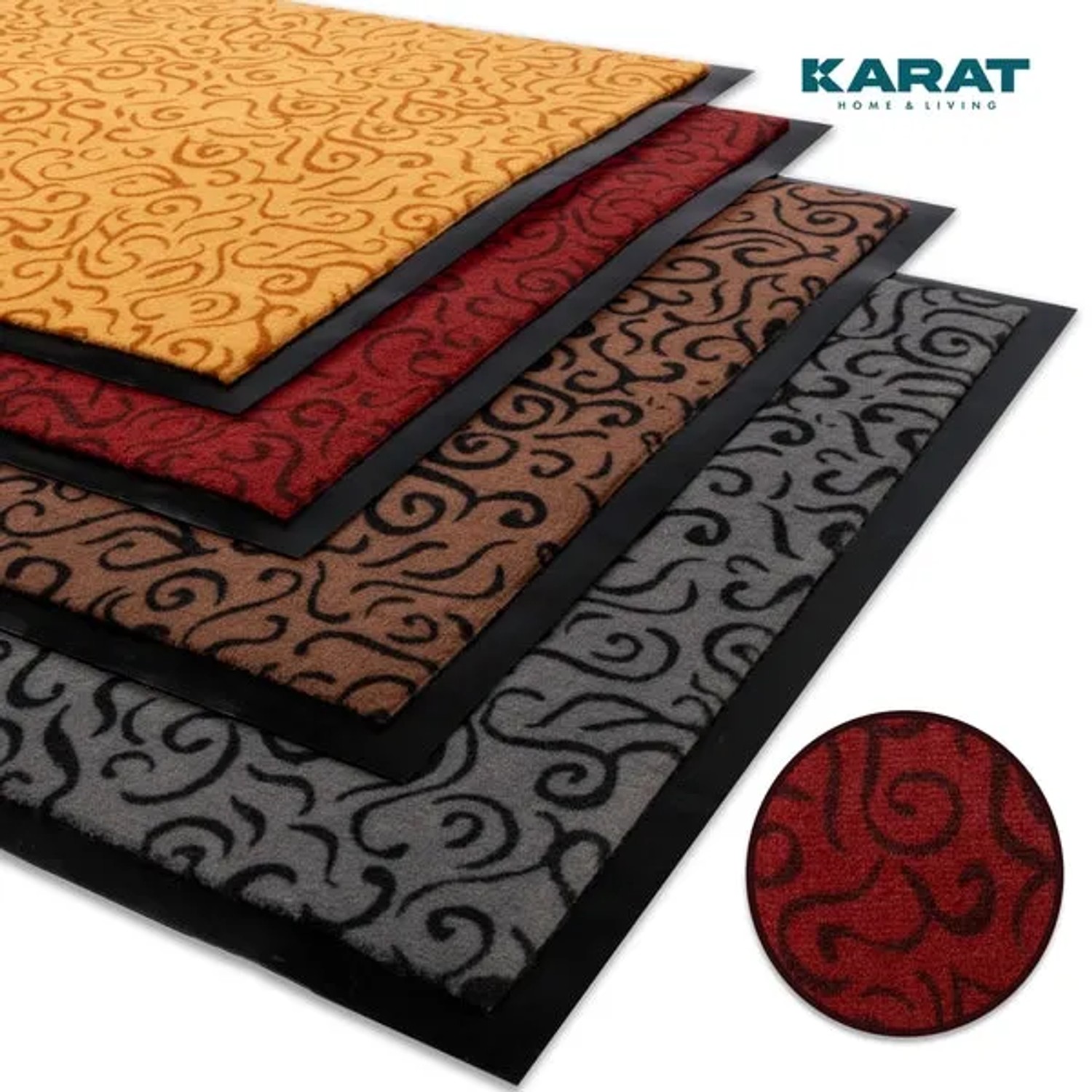 Karat Schmutzfangmatten Brasil in verschiedenen Farben (Rot, Gelb, Braun, Grau) mit Muster und Gummirand.
