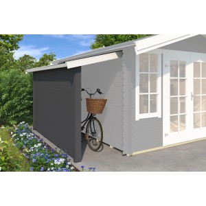 Lasita Schleppdach mit Seitenwand in Carbongrau, Anbau für Gartenhaus, mit Fahrrad davor.