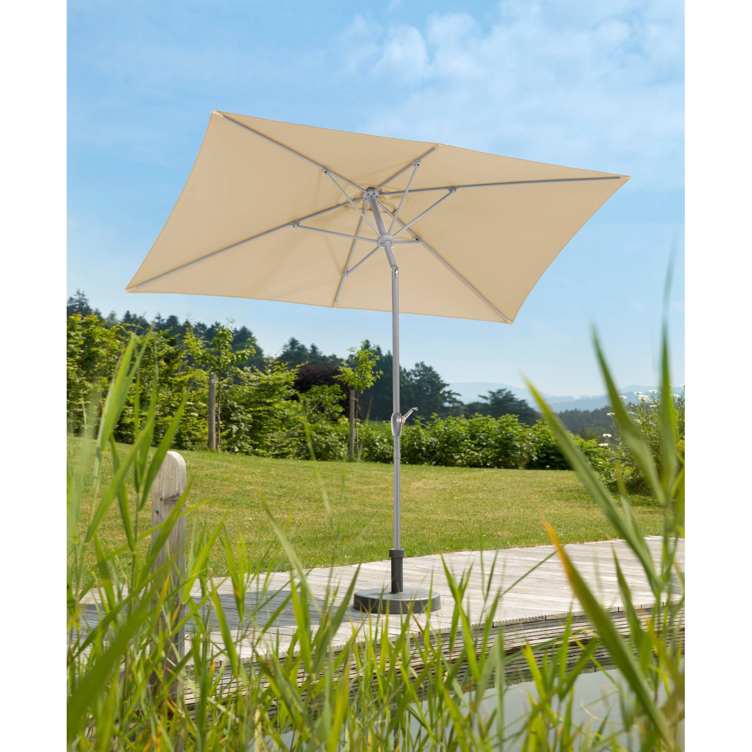 Rechteckiger, naturfarbener Schneider Marktschirm 300x200 cm mit Knickfunktion für Garten oder Terrasse.