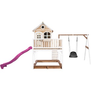 Axi Liam Spielhaus mit Roxy Nestschaukel, braun-weiß mit lila Rutsche. Spielturm mit Schaukel und Sandkasten.
