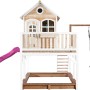 Axi Liam Spielhaus mit Roxy Nestschaukel, braun-weiß mit lila Rutsche. Spielturm mit Schaukel und Sandkasten.