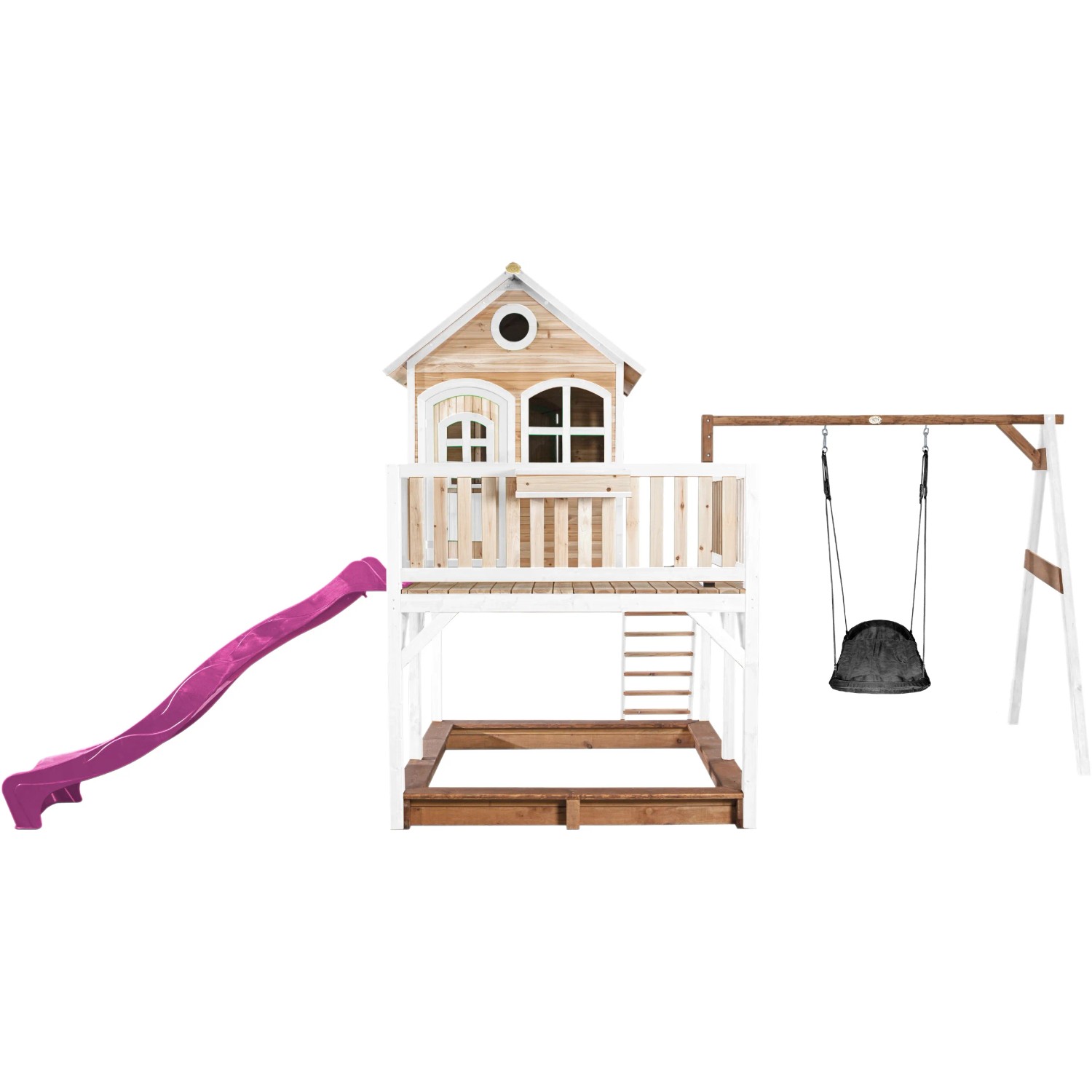 Axi Liam Spielhaus mit Roxy Nestschaukel, braun-weiß mit lila Rutsche. Spielturm mit Schaukel und Sandkasten.