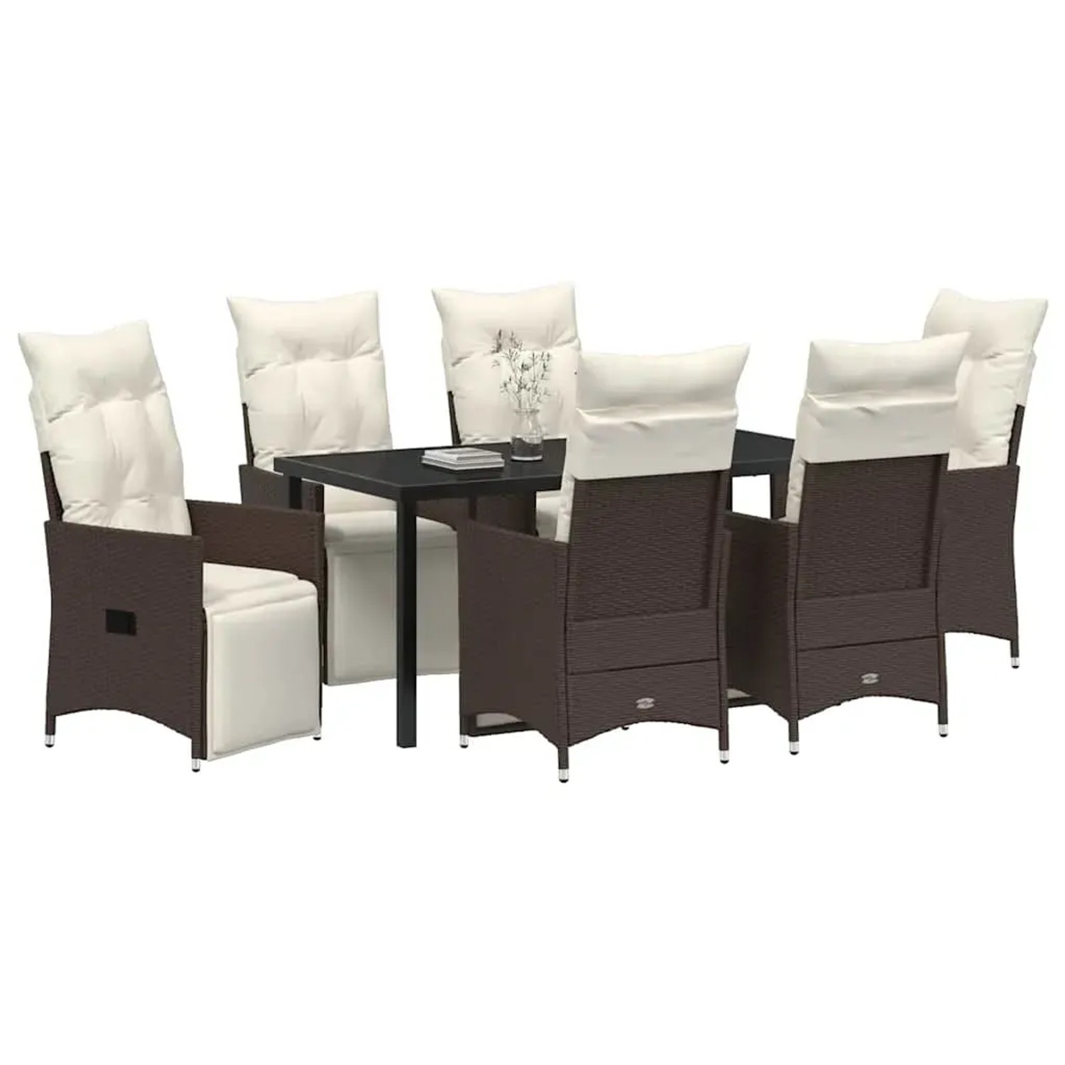 Braune vidaXL Garten Essgruppe aus Polyrattan, 7-teilig mit Tisch und Stühlen mit Kissen.