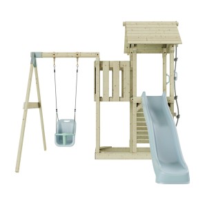 PolarPlay Babyschaukel Bergen Eisblau mit Rutsche und Kletterturm aus Holz.