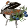 Illustration eines Grills mit Grillgut und Blu Grill-Wacholder (Topf-Ø 12cm) als Küchenkraut.
