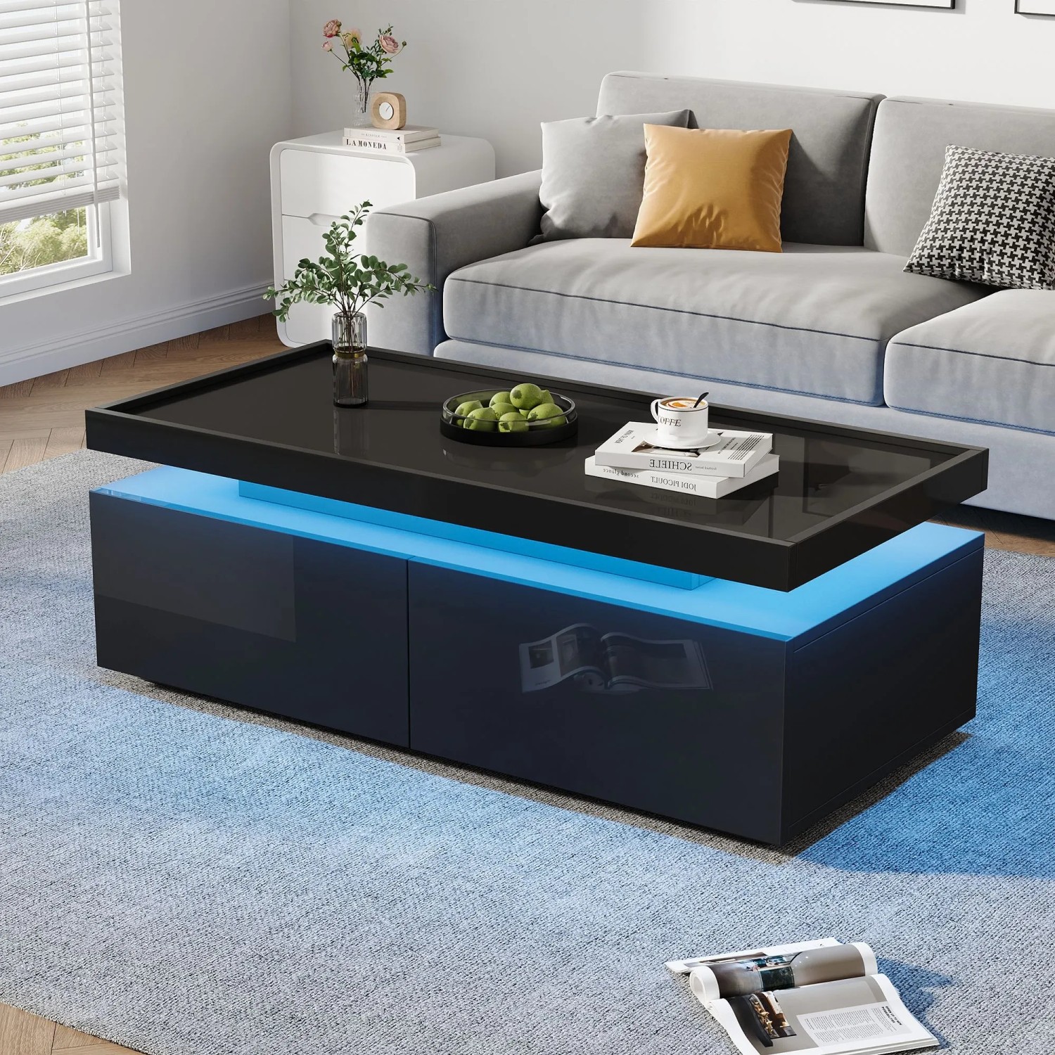 Merax Couchtisch Hochglanz Mit LED 2 Schubladen Geometrisches Design Schwarz