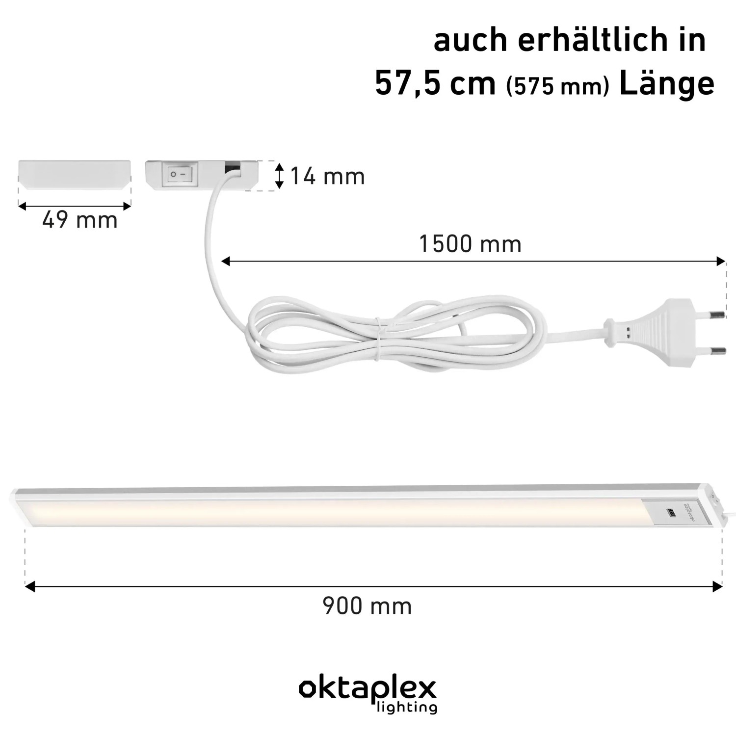 Oktaplex Riva 3er Set Küchenleuchte, dimmbar mit Sensor, 58cm, Aluminium, neutralweiß. Detailansicht mit Maßen.