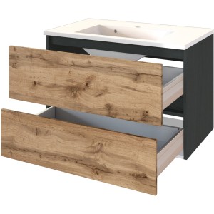 Held Möbel Einzelwaschtisch Bari 80 cm, Eiche Natur/Anthrazit, mit zwei offenen Schubladen.