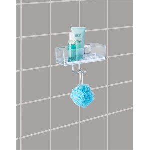Wenko Wandablage Quadro mit Haken, Edelstahl, mit Duschutensilien und Badeschwamm.