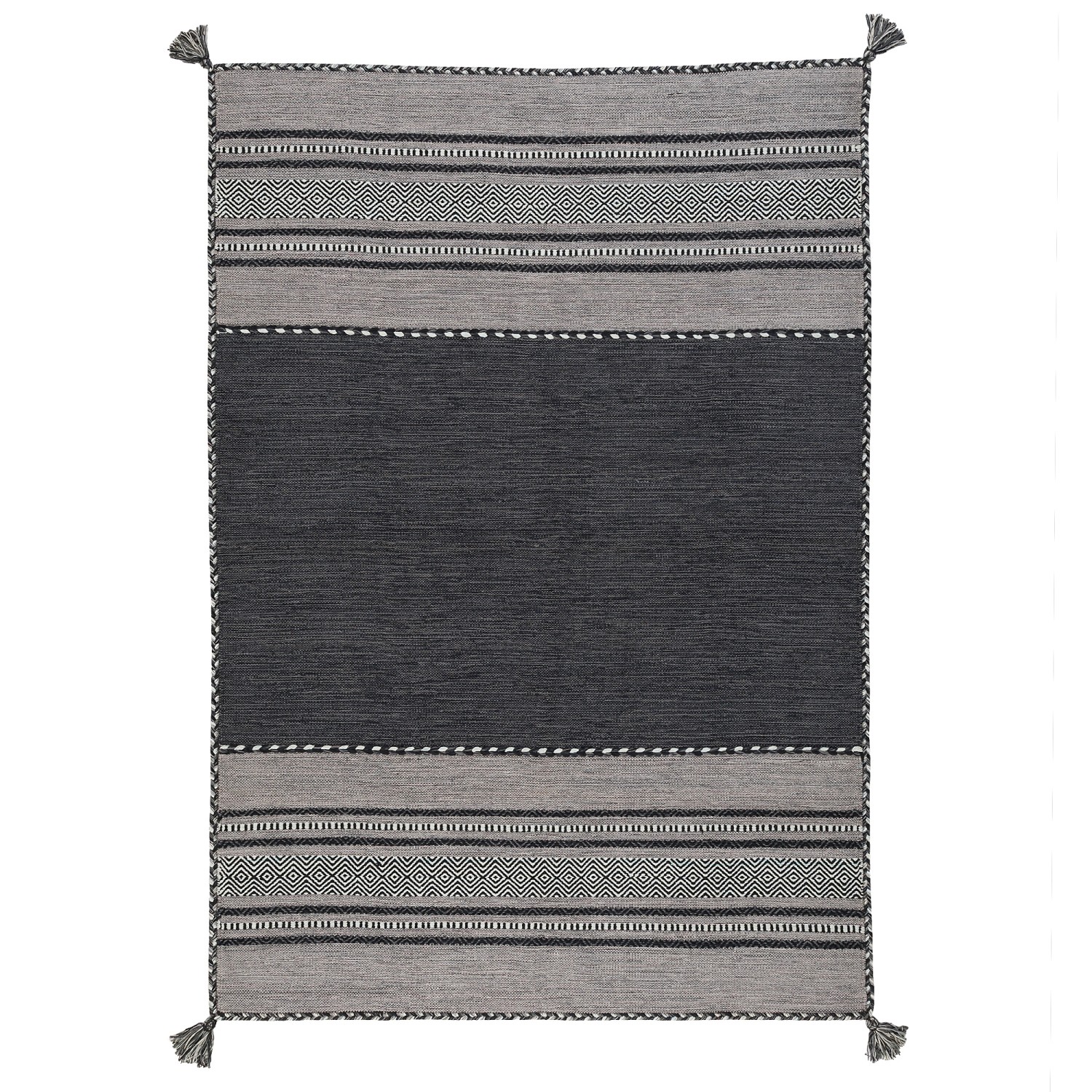 Anthrazitfarbener Kelim Teppich Navarro, 120x180cm, mit Fransen und Musterstreifen. Handgewebter Kurzflorteppich.