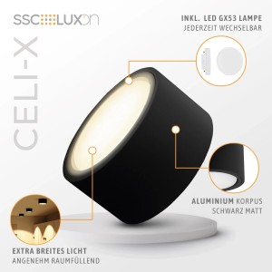 Dimmbare, schwarze LED Deckenleuchte von SSC-LUXon, Modell Celi-X, mit warmweißem Licht.