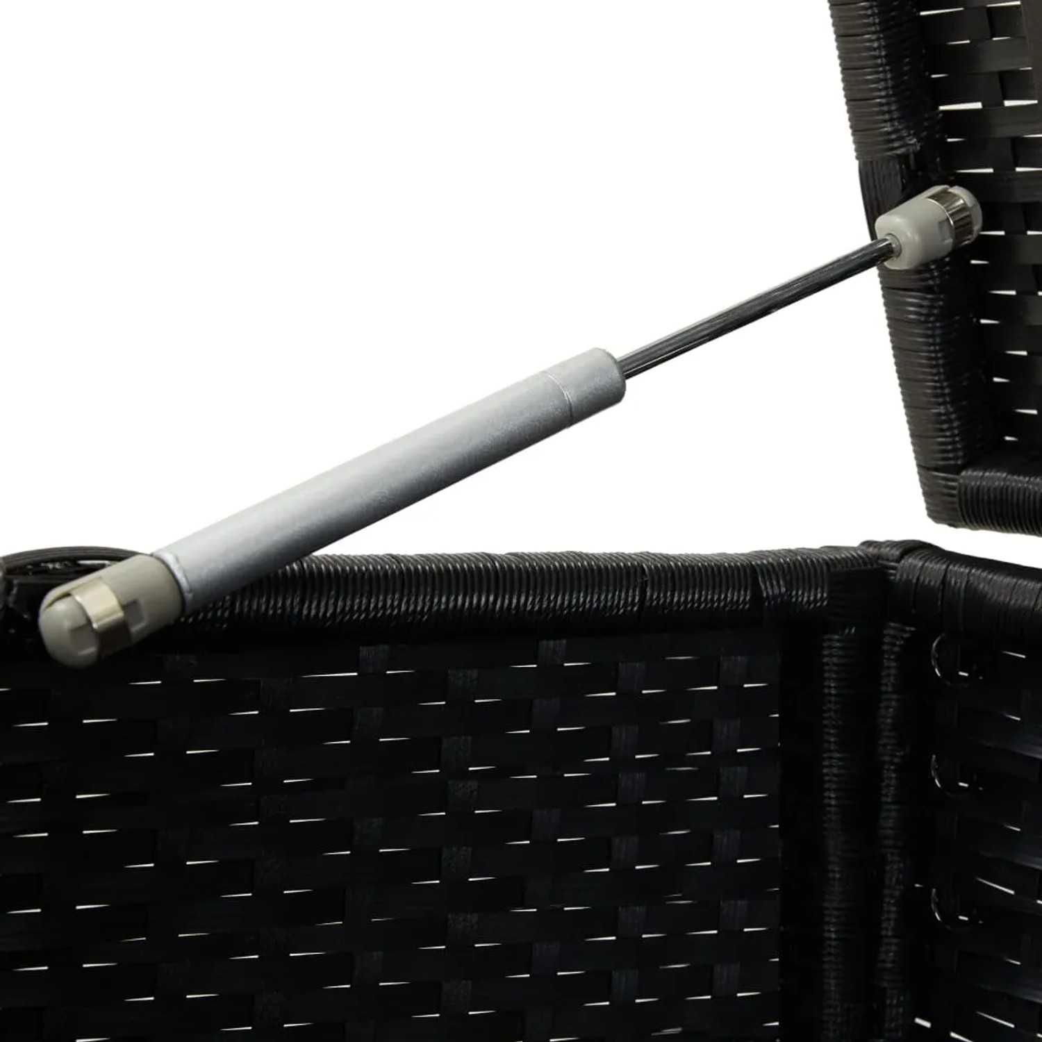 Detailansicht: Gasdruckfeder der schwarzen VidaXL Gartenbox aus Poly Rattan.