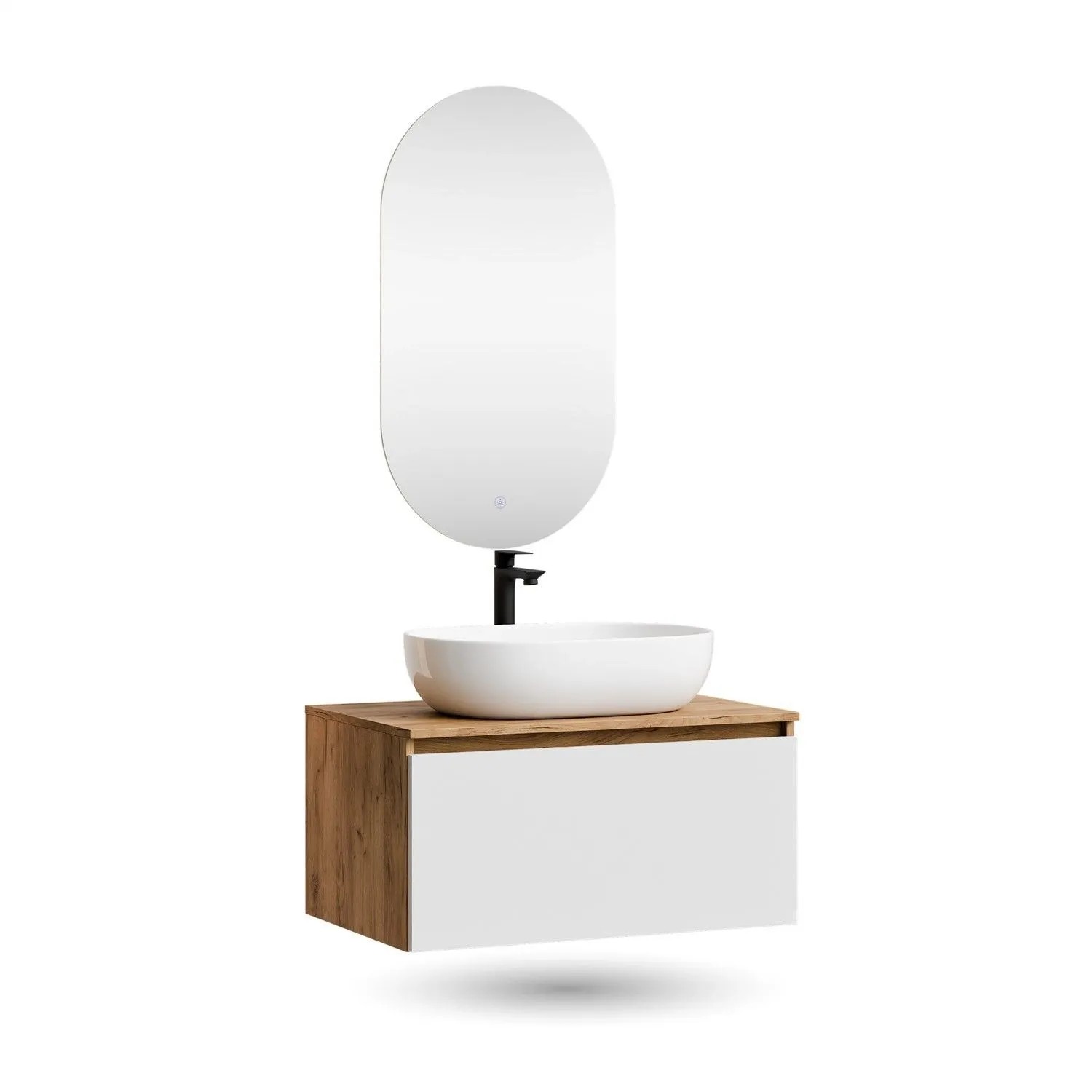 Planetmöbel ARISA Badmöbel Set 80 cm Weiß mit Keramik Aufsatzwaschbecken 60 cm Weiß und LED Spiegel Dimmbar Soft Close