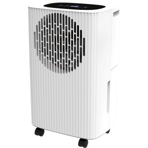 Weiß-schwarzer Luftentfeuchter LEF-205-40 mit Rollen und Touch-Bedienfeld.
