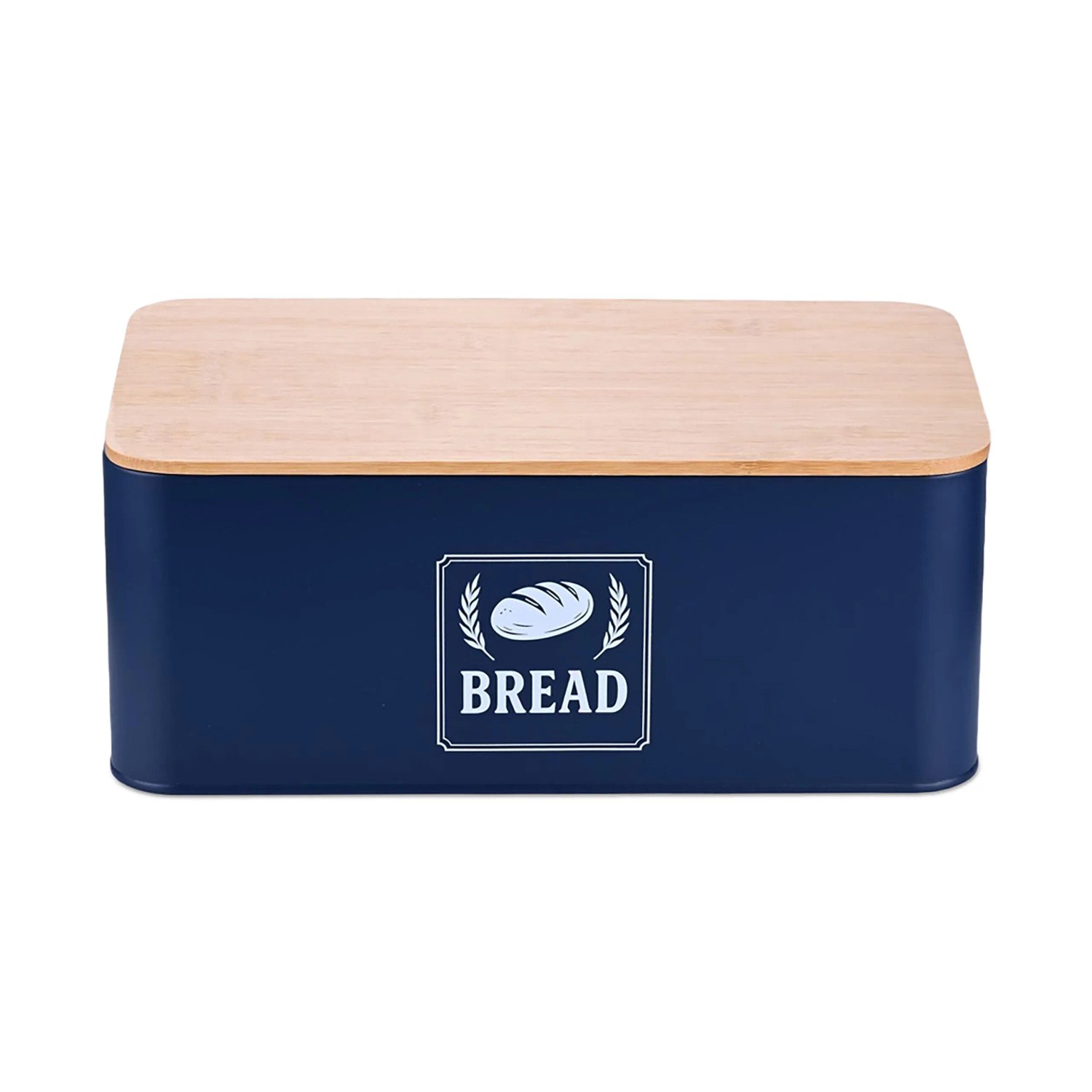 Relaxdays Brotkasten Eisen Dunkelblau mit Bambusdeckel 13,5 cm x 33 cm x 19 cm 1 kg