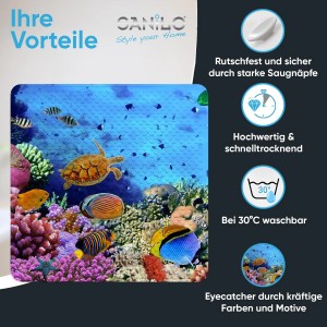 Sanilo Badematte Ocean mit Unterwasserwelt-Motiv für sicheren Halt in Dusche und Badewanne.