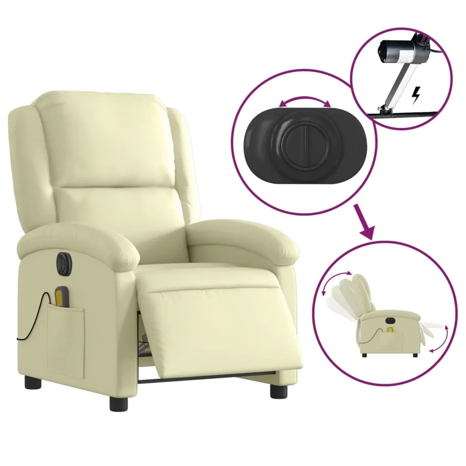 Elektrischer Massagesessel in Creme aus Echtleder mit Relaxfunktion und seitlicher Tasche.