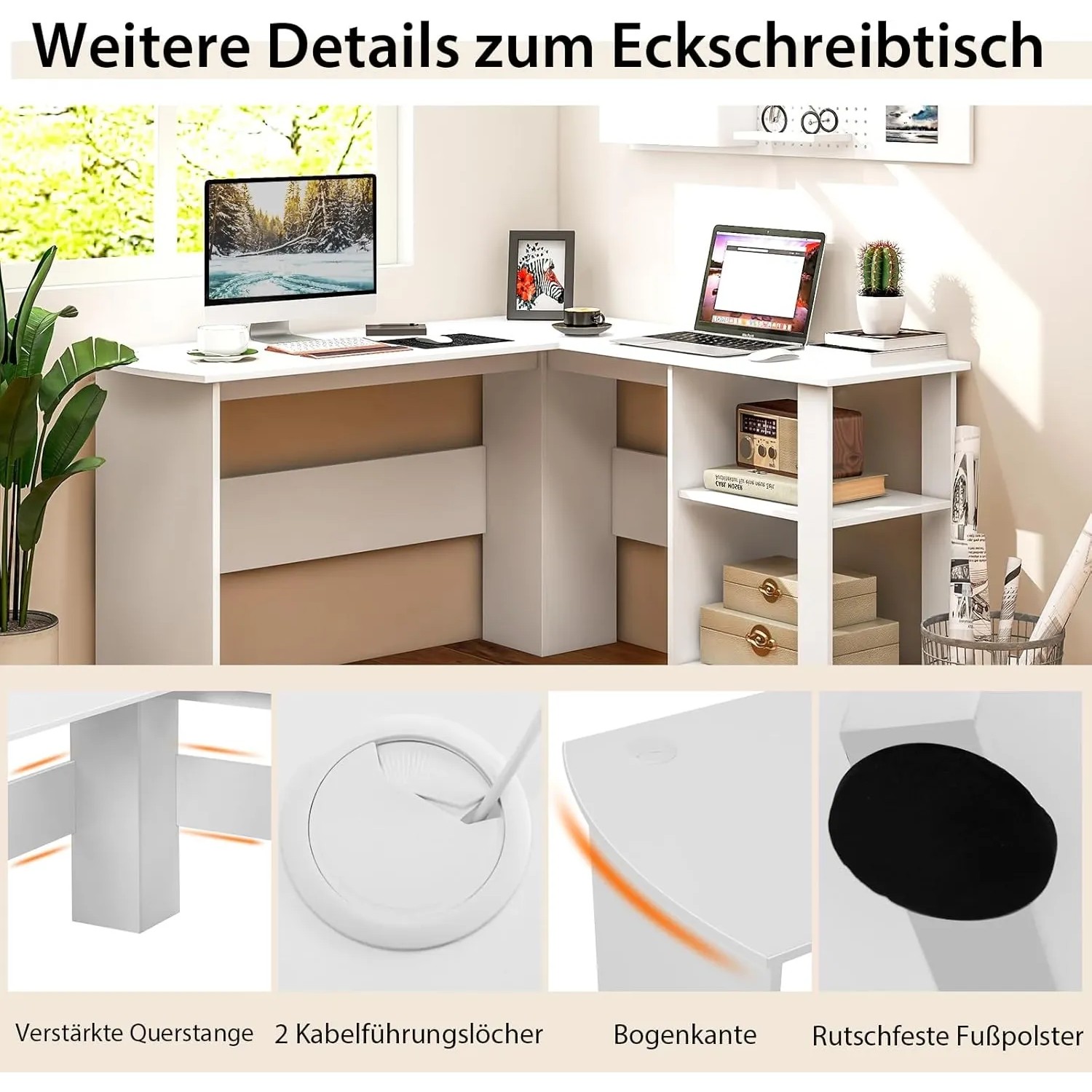 Costway Schreibtisch L-Form Ecktisch Computertisch Weiß_3