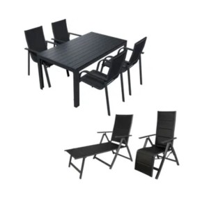 Lex Alu Gartensitzgruppe, 7-teilig: Tisch, Stühle, Liegestuhl und Gartenliege in Schwarz/Anthrazit.