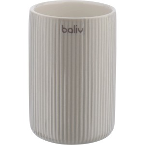 Grauer baliv Zahnputzbecher aus Keramik mit Rillenstruktur.