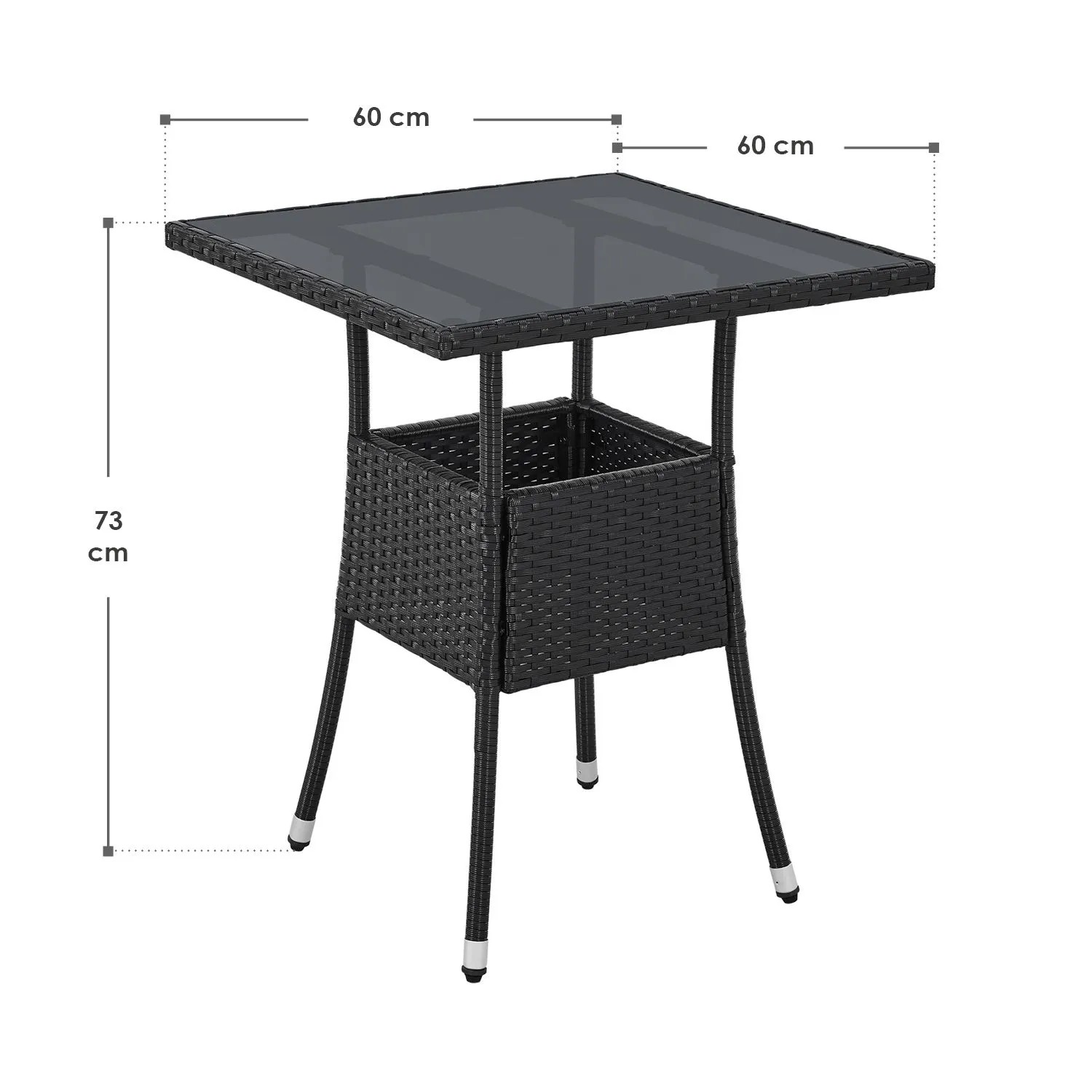 Quadratischer, schwarzer Polyrattan Gartentisch Yoro (60x60 cm) mit Glasplatte.