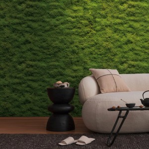 PROFHOME Fototapete 3D Grün mit Moos- und Gelb-Grün-Akzenten im Wohnraum.