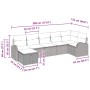 Schwarzes 7-teiliges Garten-Sofa-Set aus Polyrattan mit Kissen und Maßangaben.