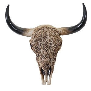 Deko Schädel Longhorn C15 mit Tribal-Muster, detailreich für Wanddeko.