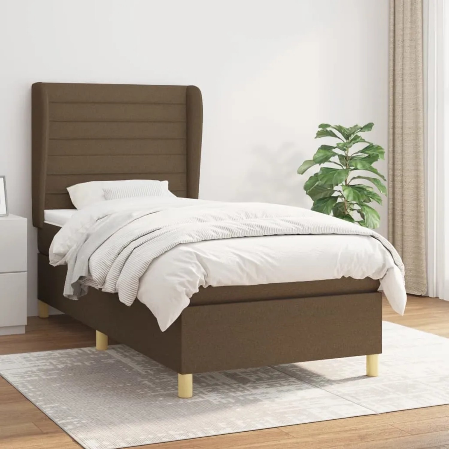Boxspringbett dunkelbraun (80x200 cm) mit Stoffbezug und Matratze.