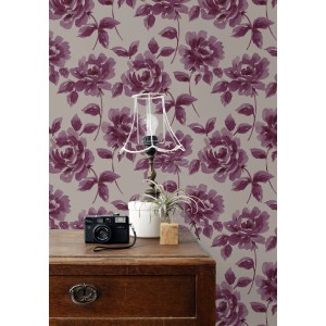 ESTAhome Tapete Aquarell Gemalte Rosen Aubergineviolett Und Taupe 53 Cm X 1005 Cm 128017